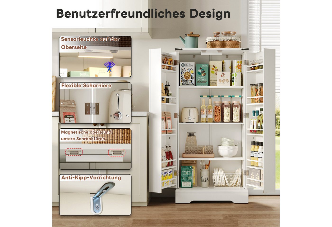 Odikalo Hochschrank 128,5 cm Küchenschrank LED Speiseschrank Flügeltüren verstellbar Regal (60x35x128.5cm (L x B x H) – Bild 3 von 5
