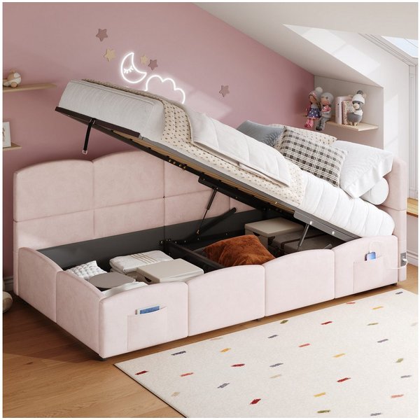 Odikalo Kinderbett Jugendbett, Polsterbett mit Bettkasten, Geeignet für kleine Wohnungen (Polsterbett, Kinderbett, Einzelbett, Stauraumbett, Schlafsofa 90x200 c