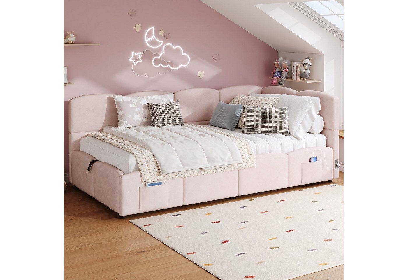 Odikalo Kinderbett Jugendbett, Polsterbett mit Bettkasten, Geeignet für kleine Wohnungen (Polsterbett, Kinderbett, Einzelbett, Stauraumbett, Schlafsofa 90x200 c – Bild 2 von 5