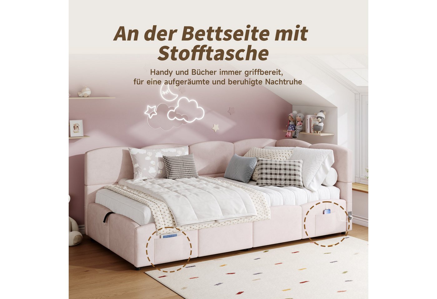 Odikalo Kinderbett Jugendbett, Polsterbett mit Bettkasten, Geeignet für kleine Wohnungen (Polsterbett, Kinderbett, Einzelbett, Stauraumbett, Schlafsofa 90x200 c – Bild 4 von 5