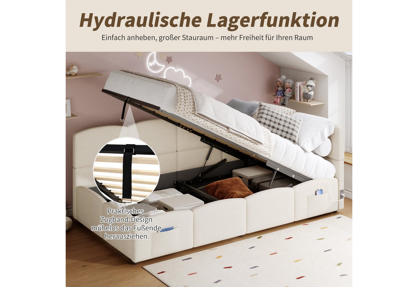 Odikalo Kinderbett Jugendbett, Polsterbett mit Bettkasten, Geeignet für kleine Wohnungen (Polsterbett, Kinderbett, Einzelbett, Stauraumbett, Schlafsofa 90x200 c – Bild 3 von 5