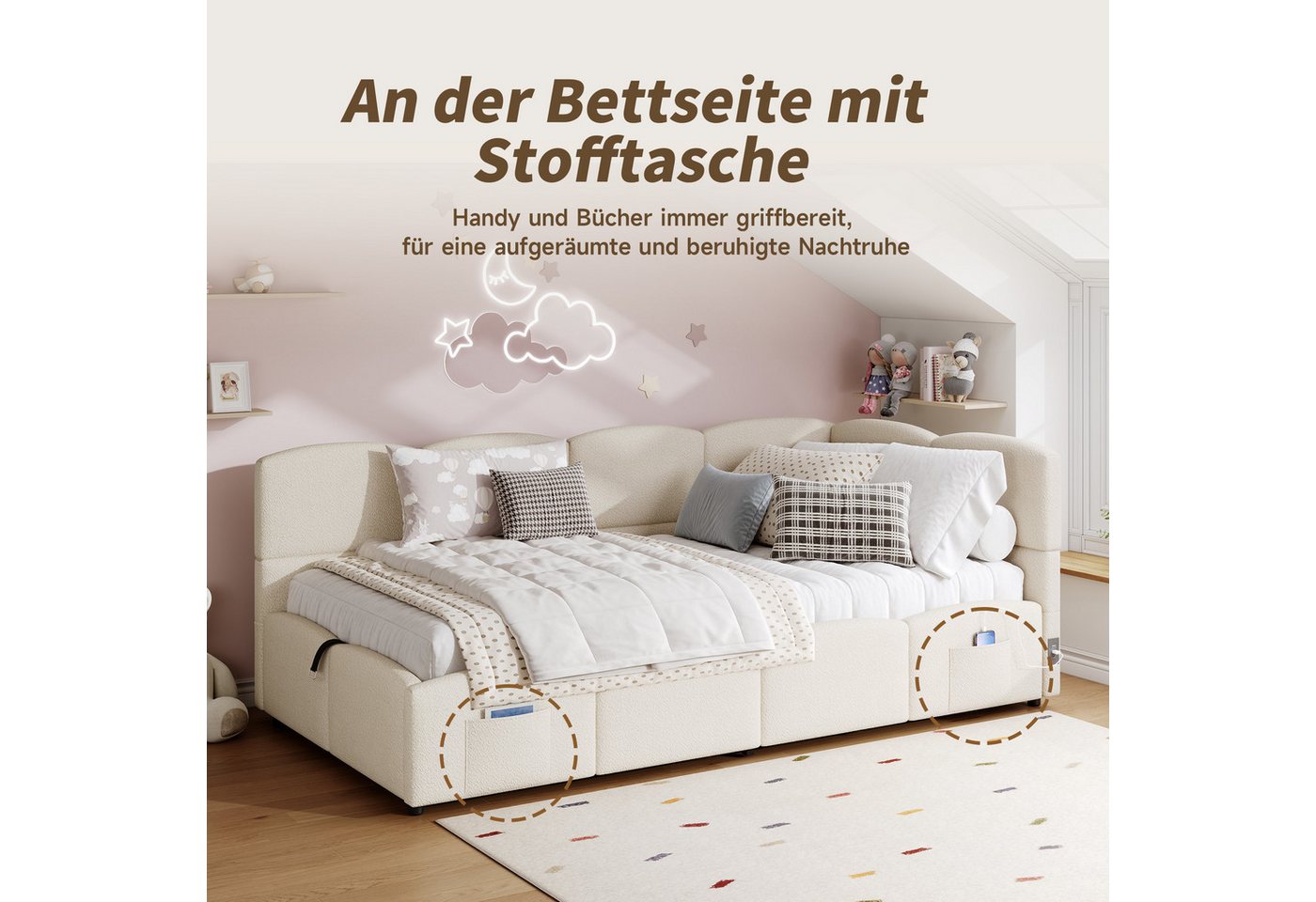 Odikalo Kinderbett Jugendbett, Polsterbett mit Bettkasten, Geeignet für kleine Wohnungen (Polsterbett, Kinderbett, Einzelbett, Stauraumbett, Schlafsofa 90x200 c – Bild 4 von 5