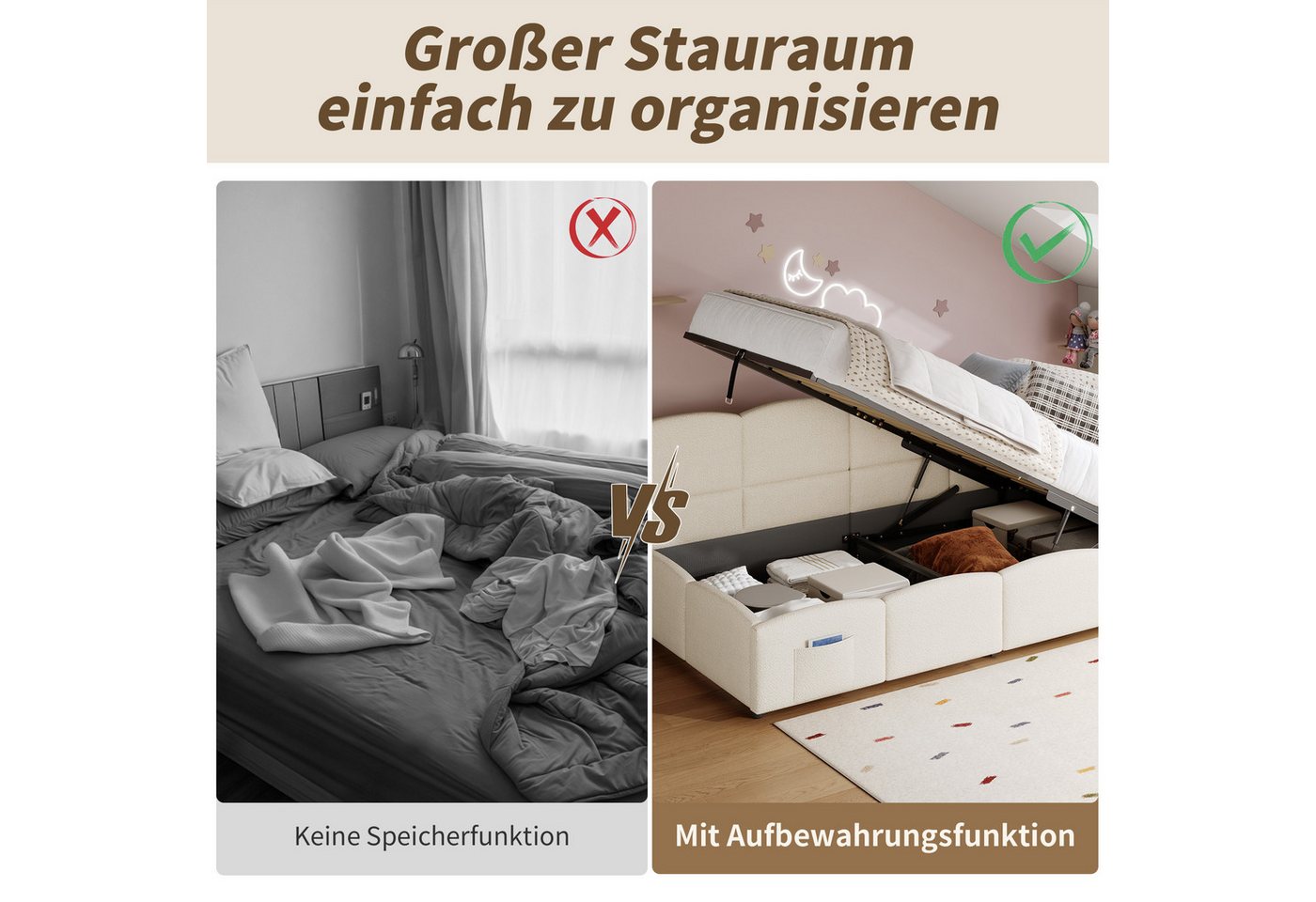 Odikalo Kinderbett Jugendbett, Polsterbett mit Bettkasten, Geeignet für kleine Wohnungen (Polsterbett, Kinderbett, Einzelbett, Stauraumbett, Schlafsofa 90x200 c – Bild 5 von 5