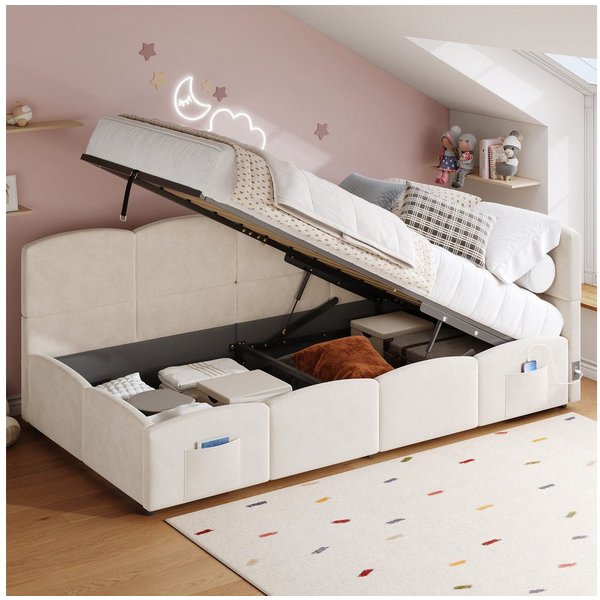 Odikalo Kinderbett Jugendbett, Polsterbett mit Bettkasten, Geeignet für kleine Wohnungen (Polsterbett, Kinderbett, Einzelbett, Stauraumbett, Schlafsofa 90x200 c