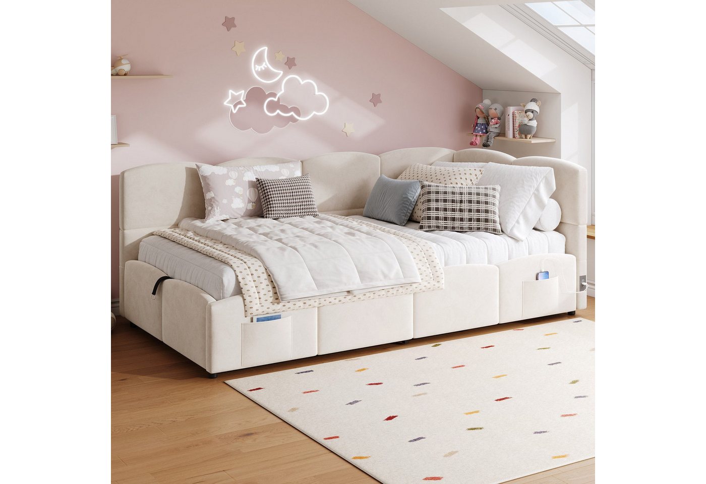 Odikalo Kinderbett Jugendbett, Polsterbett mit Bettkasten, Geeignet für kleine Wohnungen (Polsterbett, Kinderbett, Einzelbett, Stauraumbett, Schlafsofa 90x200 c – Bild 2 von 5
