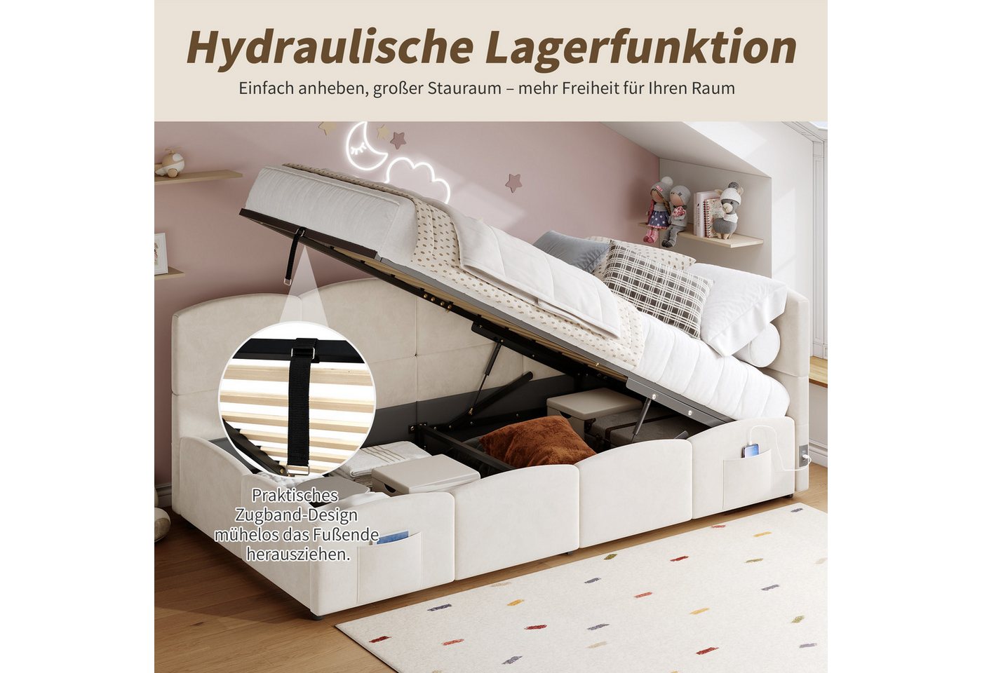Odikalo Kinderbett Jugendbett, Polsterbett mit Bettkasten, Geeignet für kleine Wohnungen (Polsterbett, Kinderbett, Einzelbett, Stauraumbett, Schlafsofa 90x200 c – Bild 3 von 5
