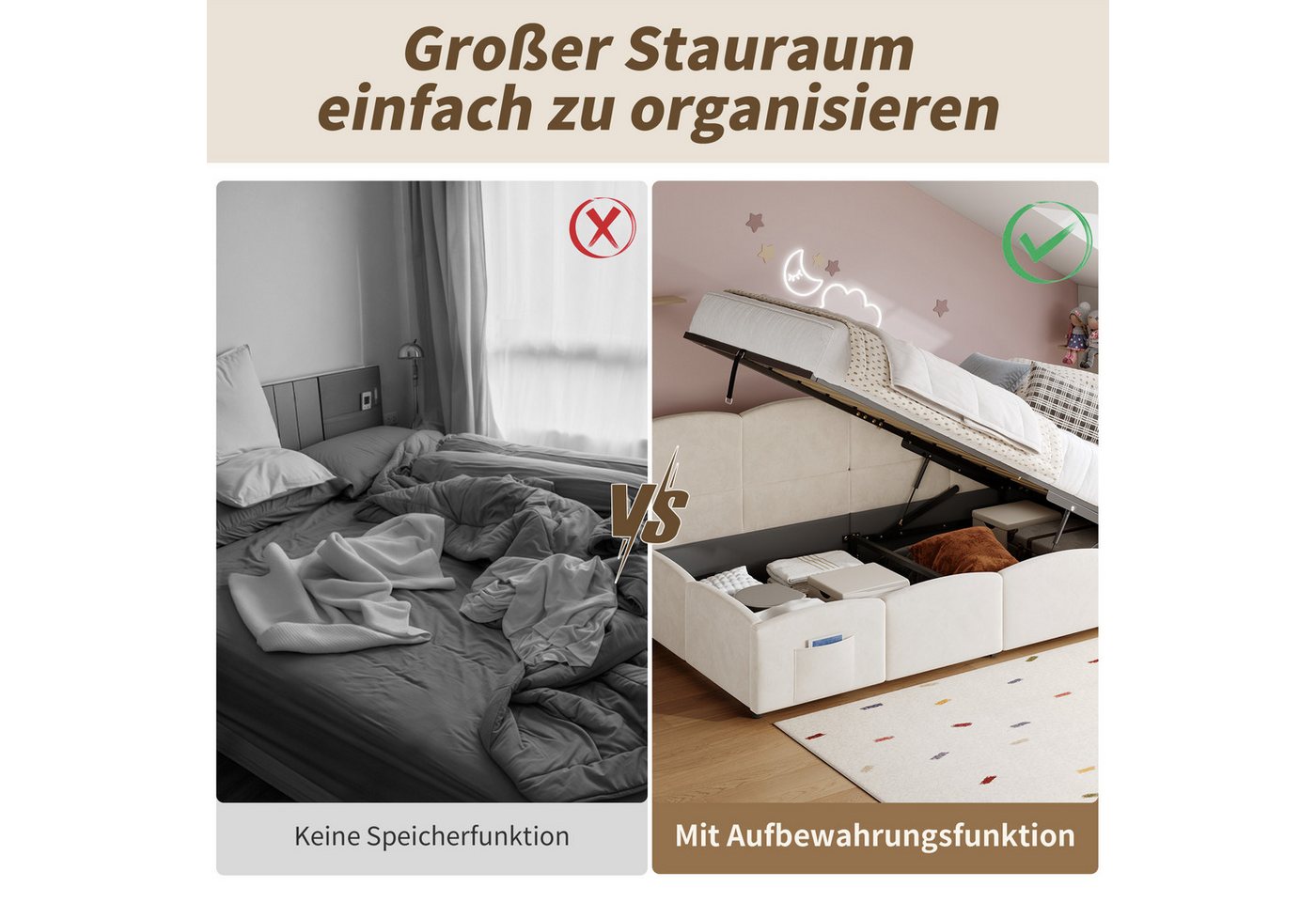 Odikalo Kinderbett Jugendbett, Polsterbett mit Bettkasten, Geeignet für kleine Wohnungen (Polsterbett, Kinderbett, Einzelbett, Stauraumbett, Schlafsofa 90x200 c – Bild 5 von 5