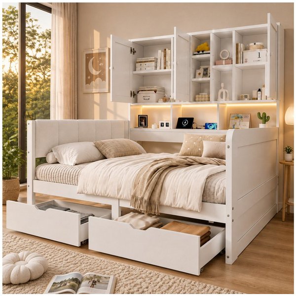 Odikalo Kinderbett Jugendbett 90x200, mit LED USB und Schubladen (mit PU-gepolstertes Kopfteil, Tagesbett, L-förmiges Holzbett, Daybett mit Regale und Schränken