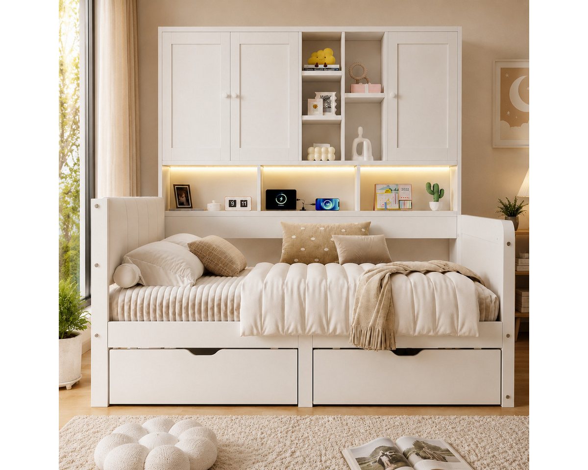 Odikalo Kinderbett Jugendbett 90x200, mit LED USB und Schubladen (mit PU-gepolstertes Kopfteil, Tagesbett, L-förmiges Holzbett, Daybett mit Regale und Schränken – Bild 2 von 5