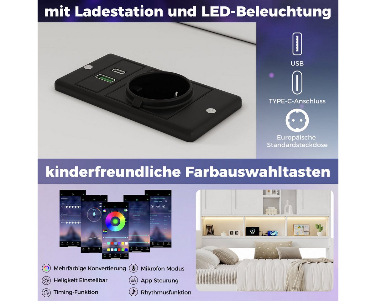 Odikalo Kinderbett Jugendbett 90x200, mit LED USB und Schubladen (mit PU-gepolstertes Kopfteil, Tagesbett, L-förmiges Holzbett, Daybett mit Regale und Schränken – Bild 4 von 5