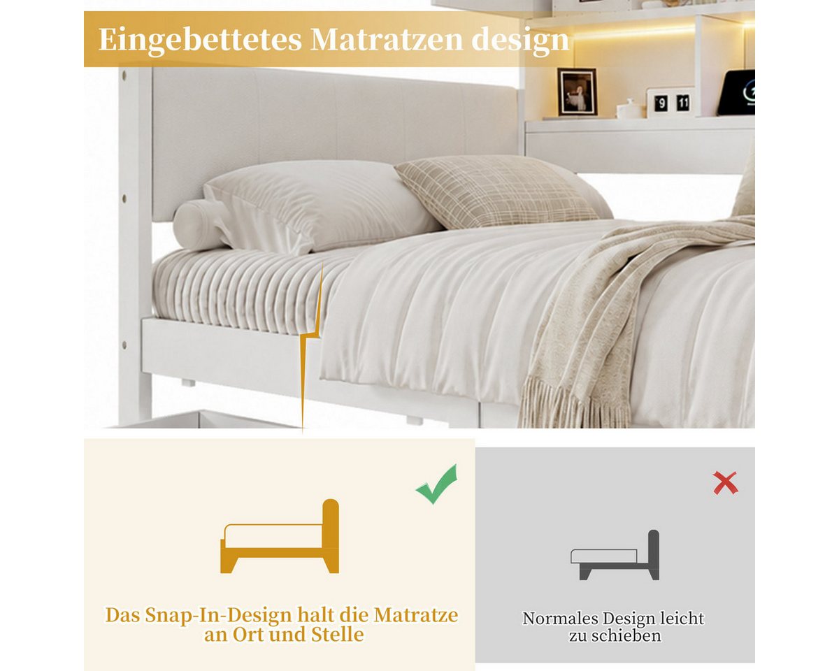 Odikalo Kinderbett Jugendbett 90x200, mit LED USB und Schubladen (mit PU-gepolstertes Kopfteil, Tagesbett, L-förmiges Holzbett, Daybett mit Regale und Schränken – Bild 5 von 5