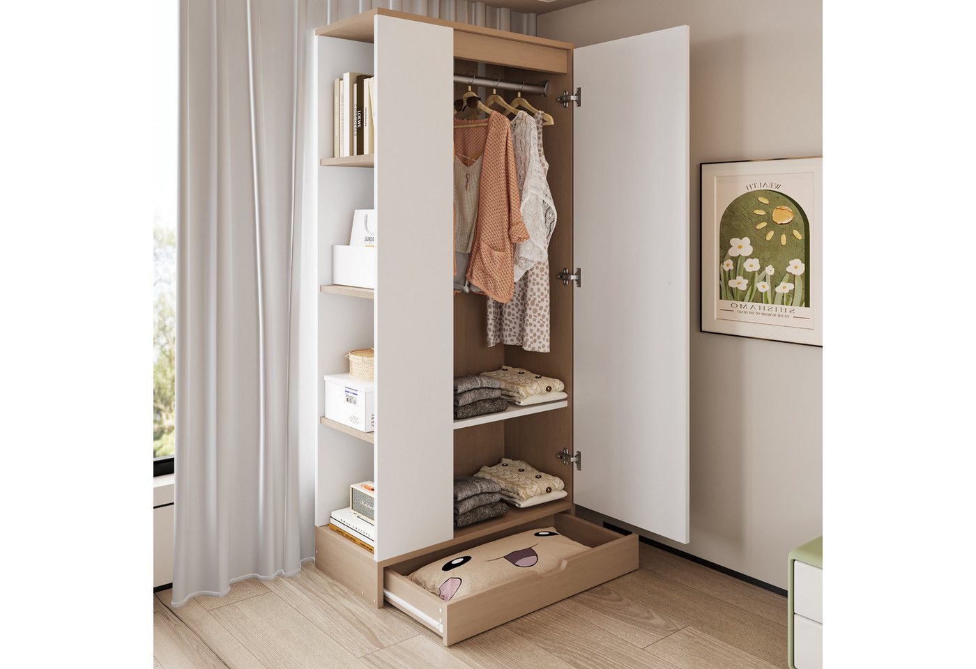 Odikalo Kleiderschrank Eckkleiderschrank mit Schubladen weiss natur (Kleiderschrank 70*40*170cm, eintürige Ausführung, mit Einlegeböden und Schubladen) – Bild 2 von 5