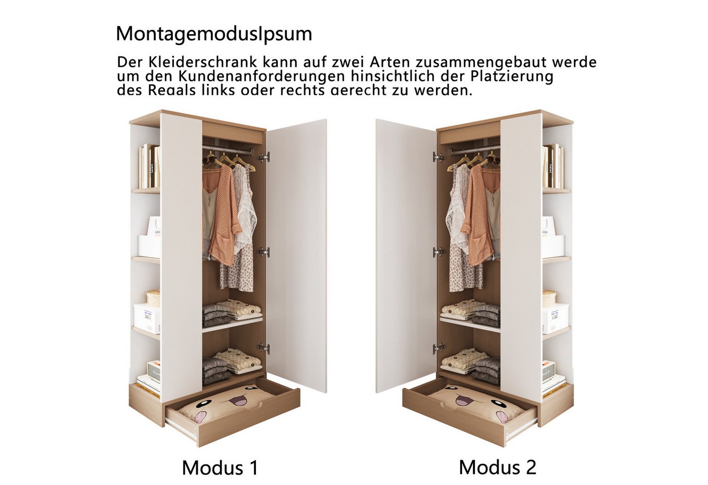 Odikalo Kleiderschrank Eckkleiderschrank mit Schubladen weiss natur (Kleiderschrank 70*40*170cm, eintürige Ausführung, mit Einlegeböden und Schubladen) – Bild 4 von 5