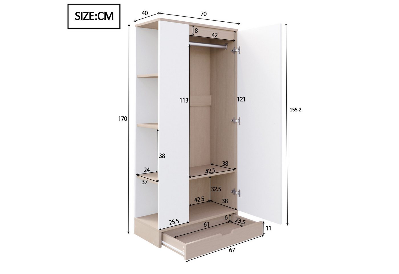 Odikalo Kleiderschrank Eckkleiderschrank mit Schubladen weiss natur (Kleiderschrank 70*40*170cm, eintürige Ausführung, mit Einlegeböden und Schubladen) – Bild 5 von 5