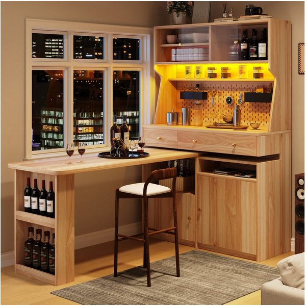 Odikalo Küchenbuffet Küchenschrank Buffetschrank mit Schreibtisch & LED (Multifunktionaler Stehschrank mit LED-Beleuchtung und App-Steuerung, Glastüren verstell