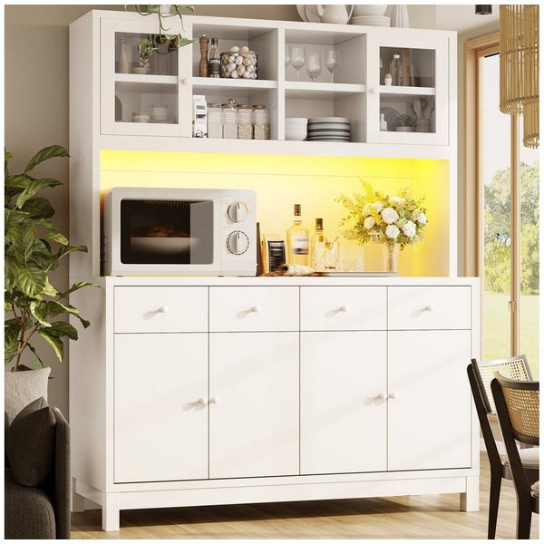 Odikalo Küchenbuffet Küchenschrank Buffetschrank mit App-gesteuerter RGB-LED (140*38.5*180cm mit Glastüren & 4 Schubladen, verstellbare Einlegeböden, Naturholz-