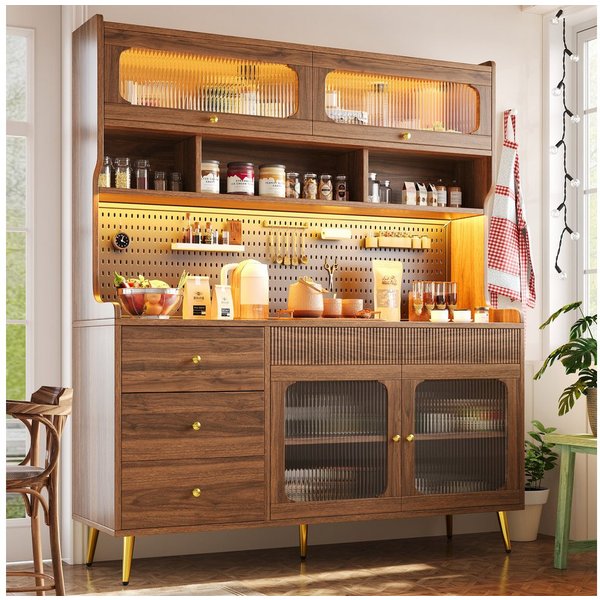 Odikalo Küchenbuffet Küchenschrank Buffetschrank mit LED (mit LED-Beleuchtung & App, Schmaler Hochschrank für Küche & Wohnzimmer, Stilsicherer Aufbewahrungsschr