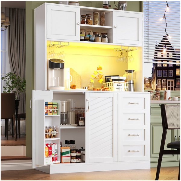 Odikalo Küchenbuffet Küchenschrank Buffetschrank mit LED & Schubladen (120x40x188cm, mit LED-Beleuchtung, Snackregal & Getränkehaltern, 4 Türen & 2 große Schubl