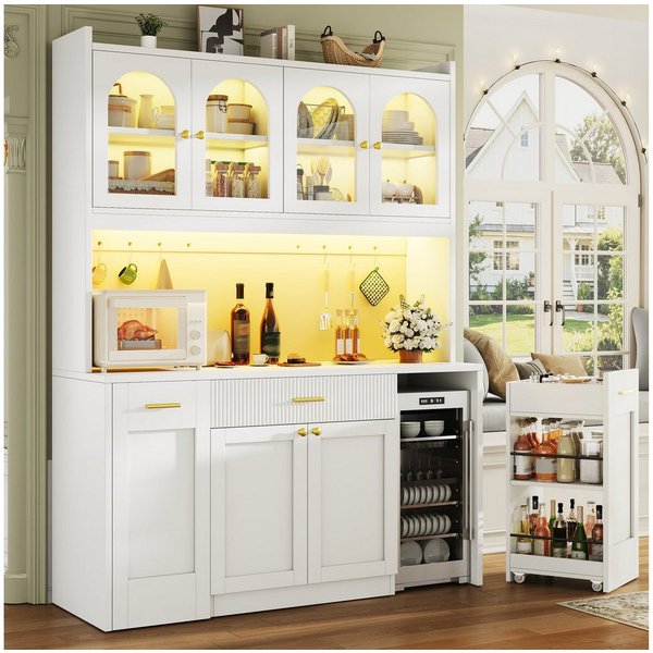 Odikalo Küchenbuffet Küchenschrank Buffetschrank mit LED Schublade und Roll-Ablagen (Hochküchenschrank 120cm mit RGB-LED, App-Steuerung, 3 Glasvitrinen, Schubkä