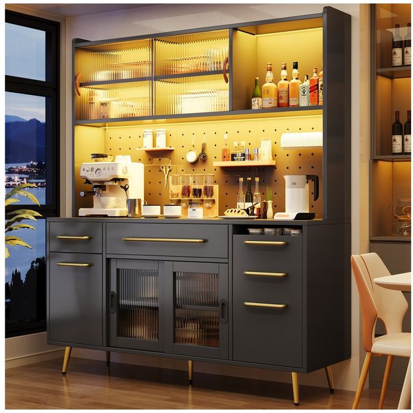 Odikalo Küchenbuffet Küchenschrank Buffetschrank mit LED & großer Stauraum (mit LED-Beleuchtung,Hochschrank für Küche & Wohnzimmer, Aufbewahrungsschrank mit Loc