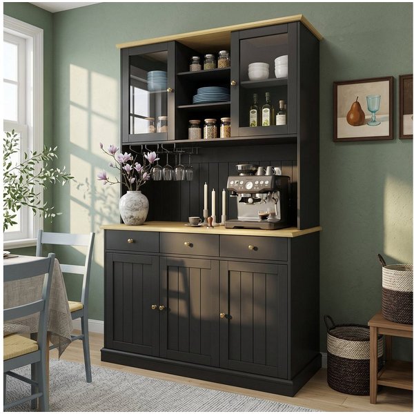 Odikalo Küchenbuffet Küchenschrank Buffetschrank mit USB, Glastüren, Gläserhalter (Buffetschränke, Esszimmer-Hochschrank 120×40×191 cm, mit mehrstufigem Staurau