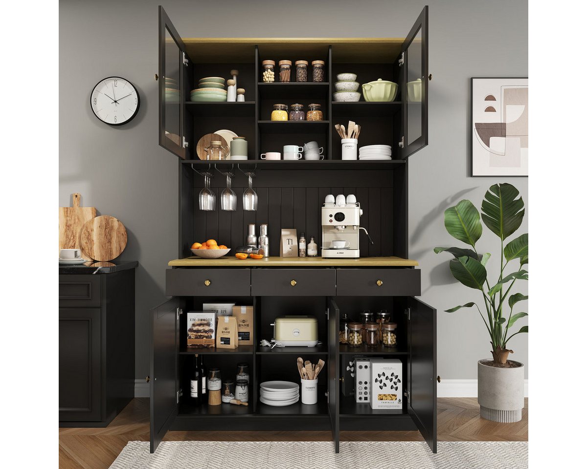 Odikalo Küchenbuffet Küchenschrank Buffetschrank mit USB, Glastüren, Gläserhalter (Buffetschränke, Esszimmer-Hochschrank 120×40×191 cm, mit mehrstufigem Staurau – Bild 2 von 5