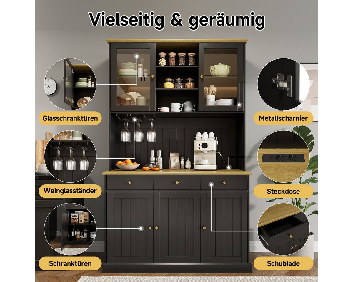 Odikalo Küchenbuffet Küchenschrank Buffetschrank mit USB, Glastüren, Gläserhalter (Buffetschränke, Esszimmer-Hochschrank 120×40×191 cm, mit mehrstufigem Staurau – Bild 4 von 5