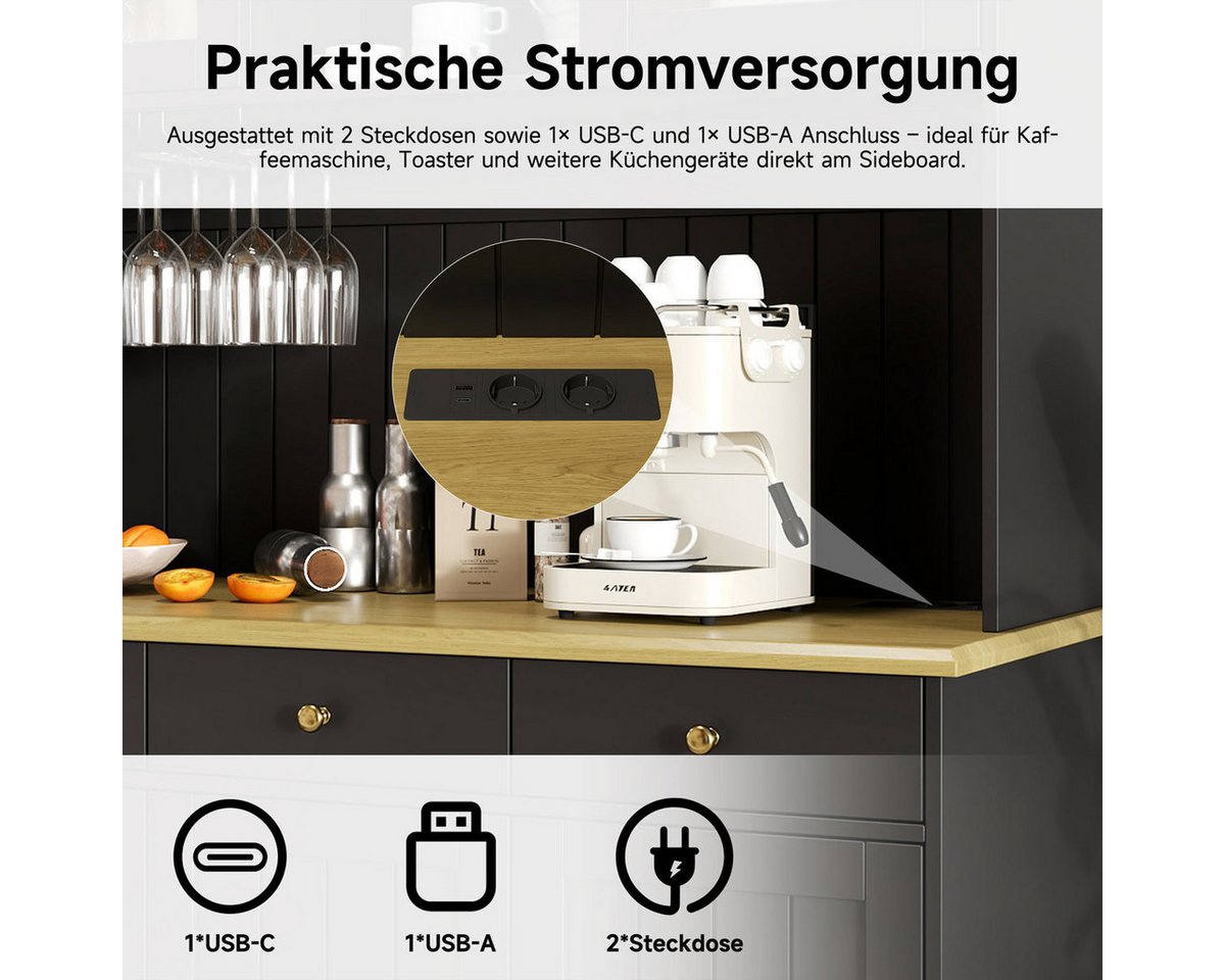 Odikalo Küchenbuffet Küchenschrank Buffetschrank mit USB, Glastüren, Gläserhalter (Buffetschränke, Esszimmer-Hochschrank 120×40×191 cm, mit mehrstufigem Staurau – Bild 5 von 5