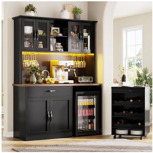 Odikalo Küchenbuffet Küchenschrank mit LED Rollwagen & Weinregal (mit Weinglasregal & Weinregal, Beleuchteter Sideboard Schrank für Wohnzimmer, Esszimmer) 140*3