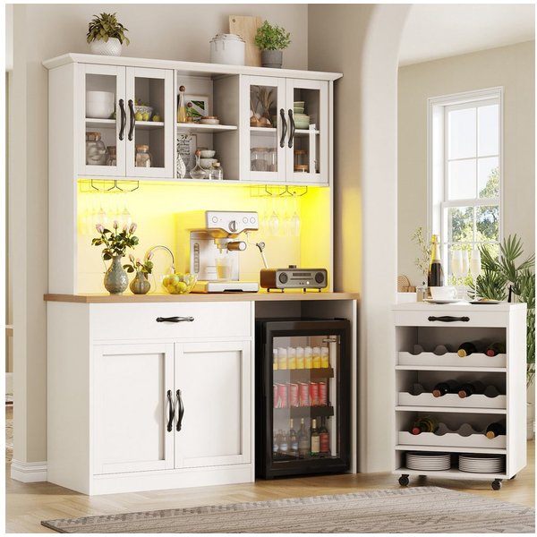 Odikalo Küchenbuffet Küchenschrank mit LED Rollwagen & Weinregal (mit Weinglasregal & Weinregal, Beleuchteter Sideboard Schrank für Wohnzimmer, Esszimmer) 140*3