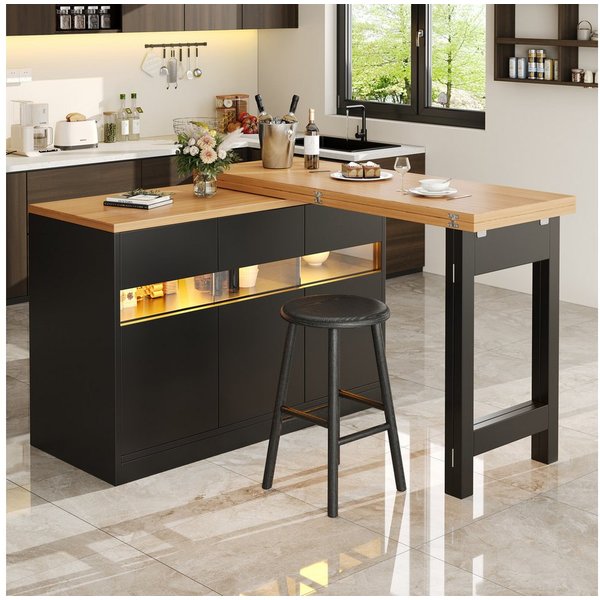 Odikalo Kücheninsel Esstisch Bartisch Stehtisch mit LED & 360° Drehfunktion, (Ausziehbarer Längenverstellbar 120-180 Moderner Kücheninsel Tisch mit Stauraum für