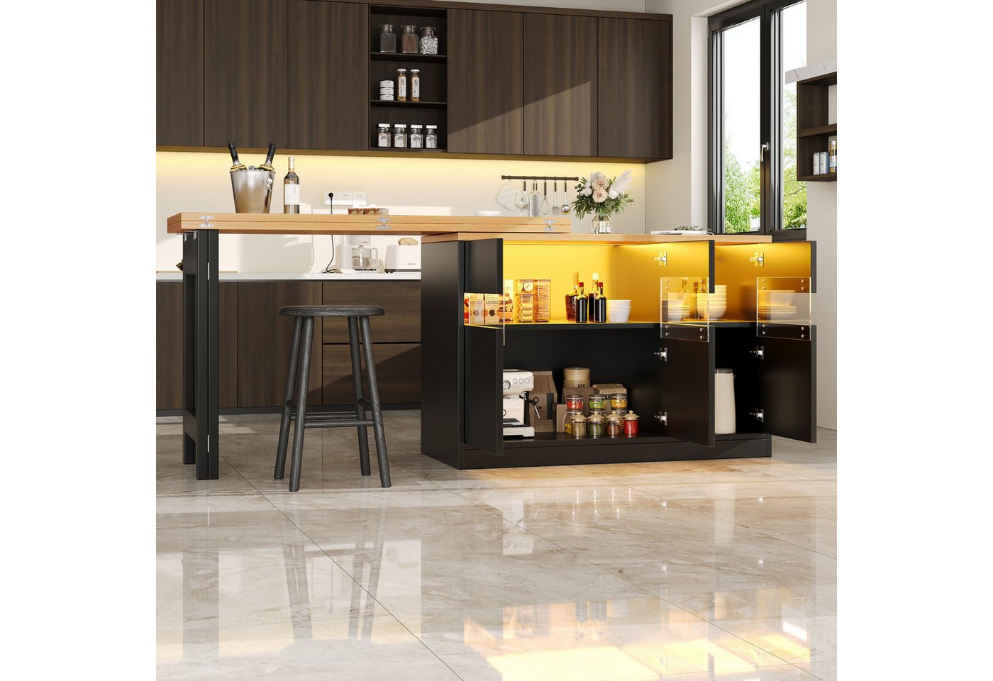 Odikalo Kücheninsel Esstisch Bartisch Stehtisch mit LED & 360° Drehfunktion, (Ausziehbarer Längenverstellbar 120-180 Moderner Kücheninsel Tisch mit Stauraum für – Bild 3 von 5