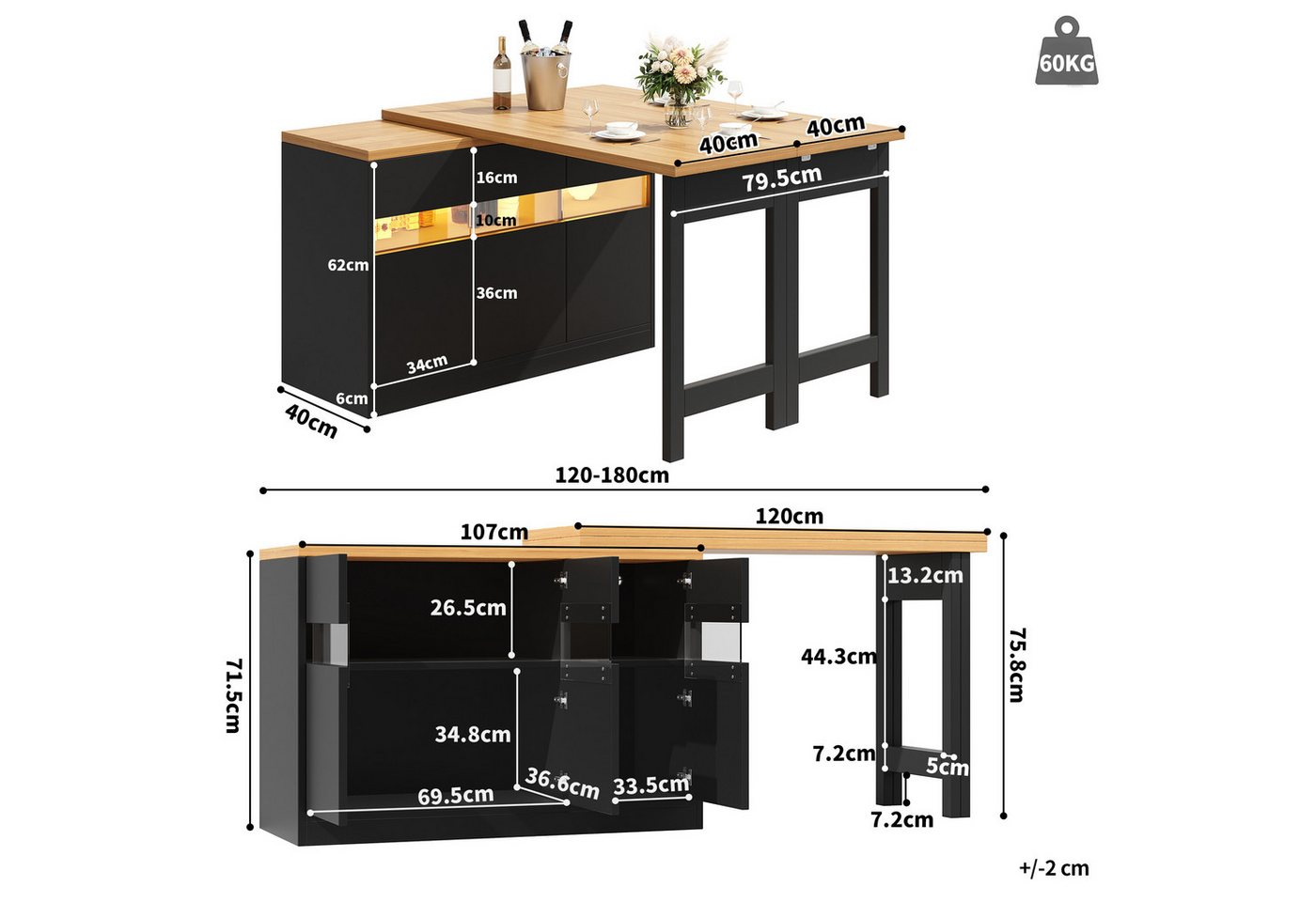 Odikalo Kücheninsel Esstisch Bartisch Stehtisch mit LED & 360° Drehfunktion, (Ausziehbarer Längenverstellbar 120-180 Moderner Kücheninsel Tisch mit Stauraum für – Bild 4 von 5