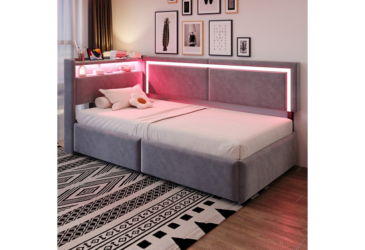 Odikalo Schlafsofa 90x200 Polsterbett mit Bettkasten oder Schubladen, mit LED, Mit LED-Beleuchtung und USB-Ladeanschlüssen. Kopfteil Lässt Sich Zum Verstauen öf – Bild 2 von 5