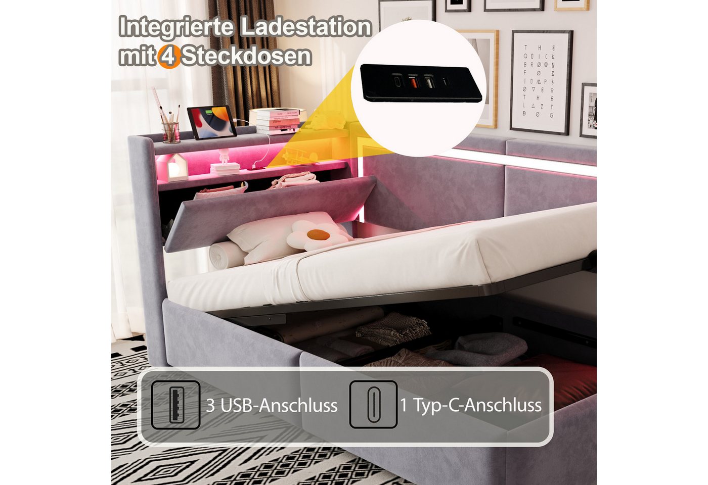 Odikalo Schlafsofa 90x200 Polsterbett mit Bettkasten oder Schubladen, mit LED, Mit LED-Beleuchtung und USB-Ladeanschlüssen. Kopfteil Lässt Sich Zum Verstauen öf – Bild 3 von 5