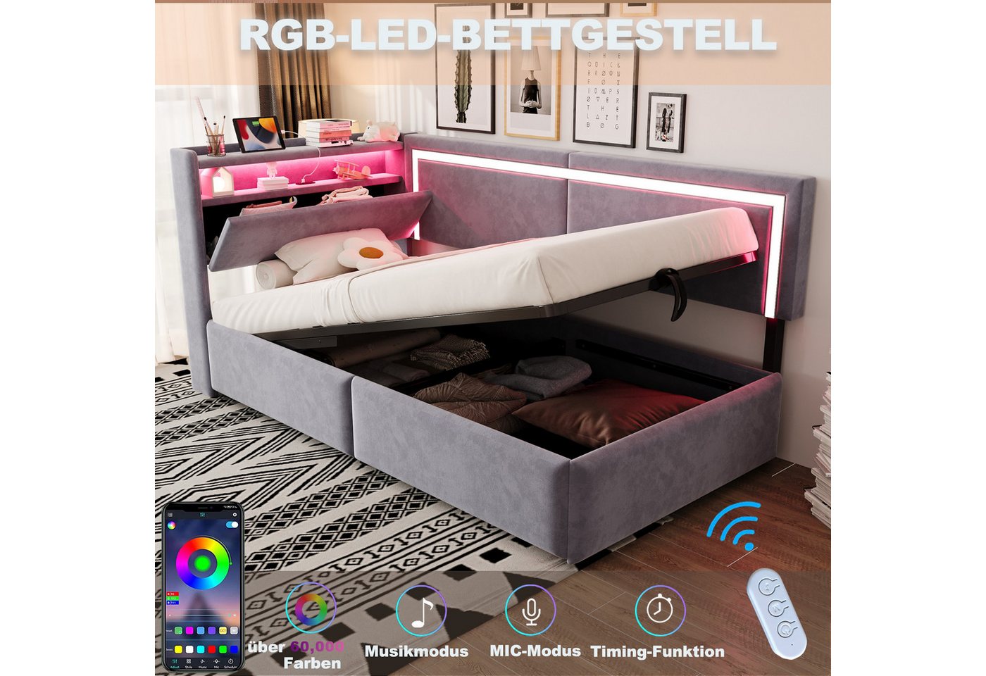 Odikalo Schlafsofa 90x200 Polsterbett mit Bettkasten oder Schubladen, mit LED, Mit LED-Beleuchtung und USB-Ladeanschlüssen. Kopfteil Lässt Sich Zum Verstauen öf – Bild 4 von 5