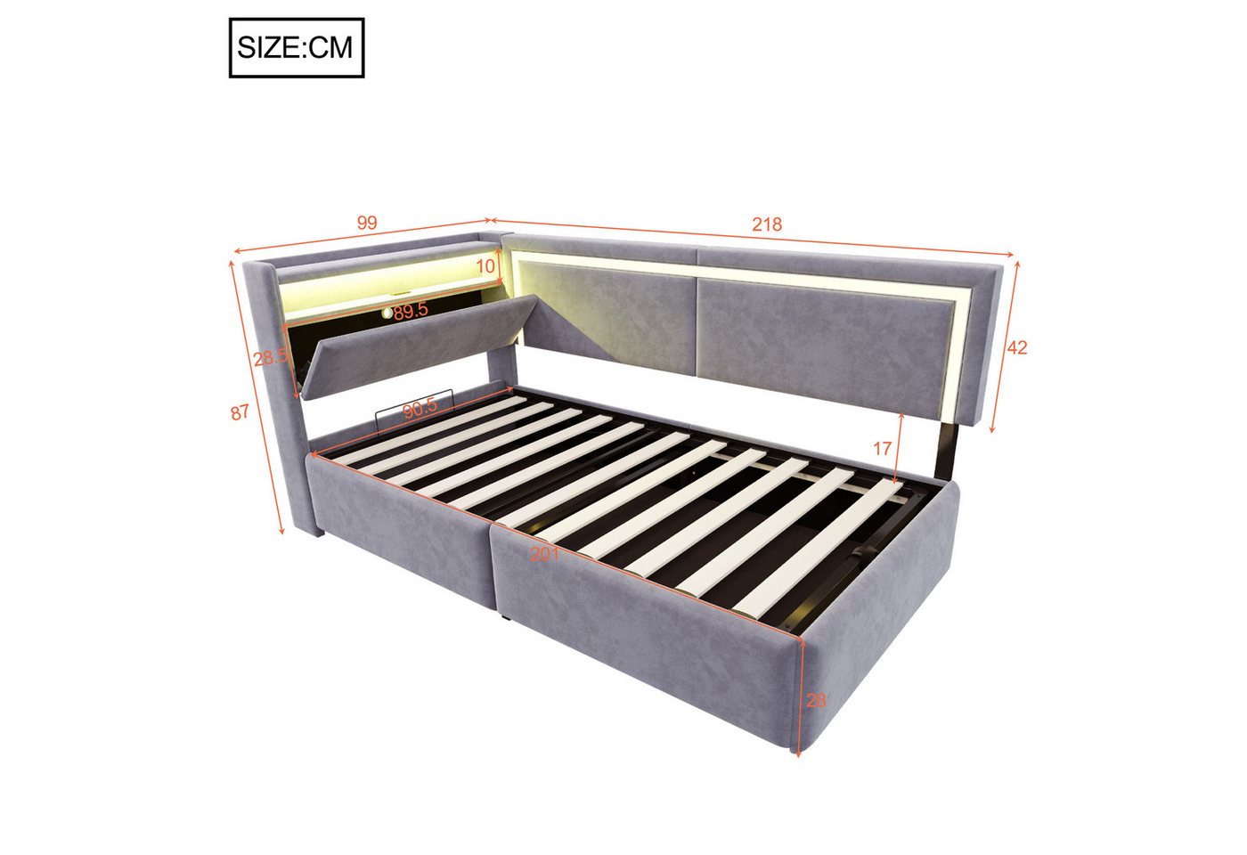 Odikalo Schlafsofa 90x200 Polsterbett mit Bettkasten oder Schubladen, mit LED, Mit LED-Beleuchtung und USB-Ladeanschlüssen. Kopfteil Lässt Sich Zum Verstauen öf – Bild 5 von 5