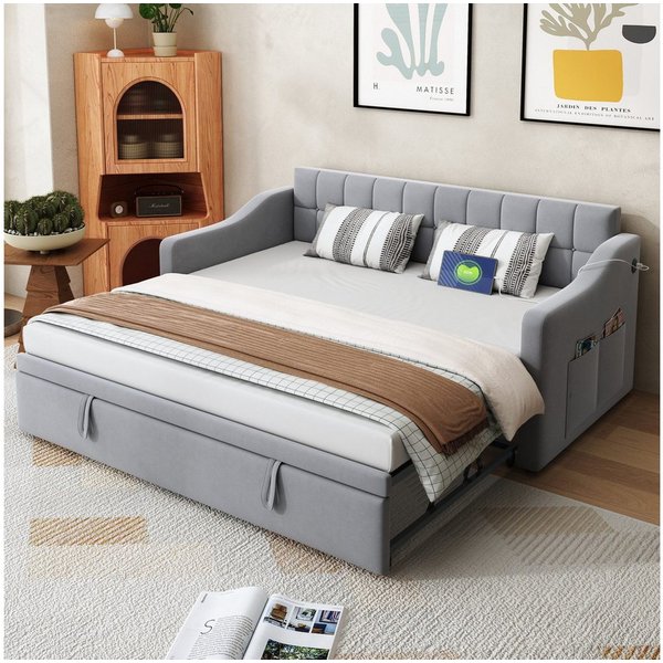 Odikalo Schlafsofa Schlafsofa mit Auszug, Gästebett Samt, Jugendbett mit Bettkasten, Polsterbett Schlafsofa 2 in 1 Multifunktionsschlafsofa 90x190 180x190, Grau