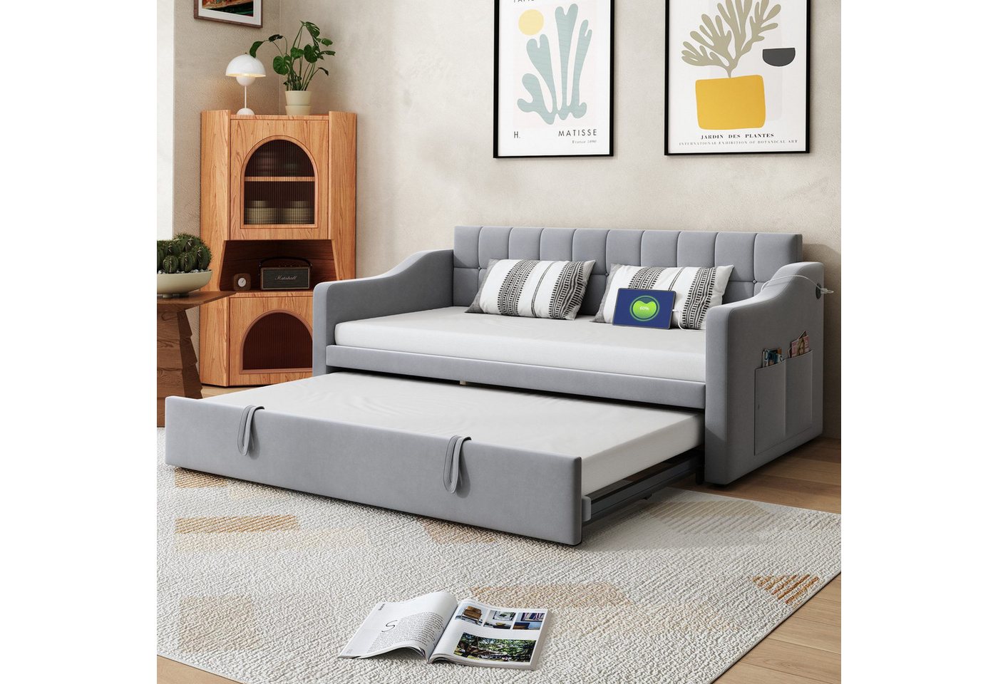 Odikalo Schlafsofa Schlafsofa mit Auszug, Gästebett Samt, Jugendbett mit Bettkasten, Polsterbett Schlafsofa 2 in 1 Multifunktionsschlafsofa 90x190 180x190, Grau – Bild 2 von 5