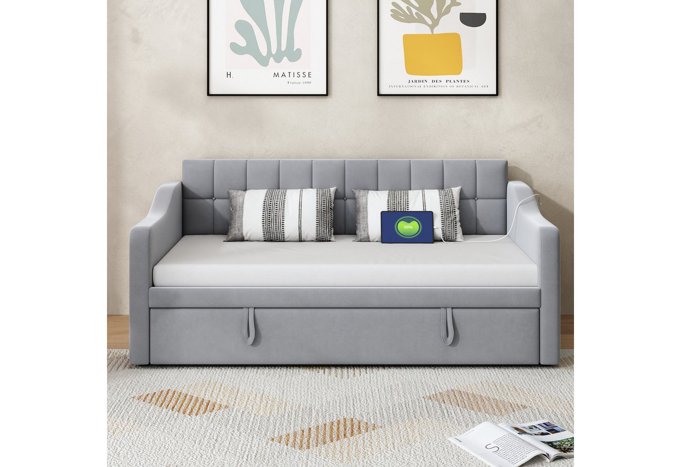 Odikalo Schlafsofa Schlafsofa mit Auszug, Gästebett Samt, Jugendbett mit Bettkasten, Polsterbett Schlafsofa 2 in 1 Multifunktionsschlafsofa 90x190 180x190, Grau – Bild 3 von 5