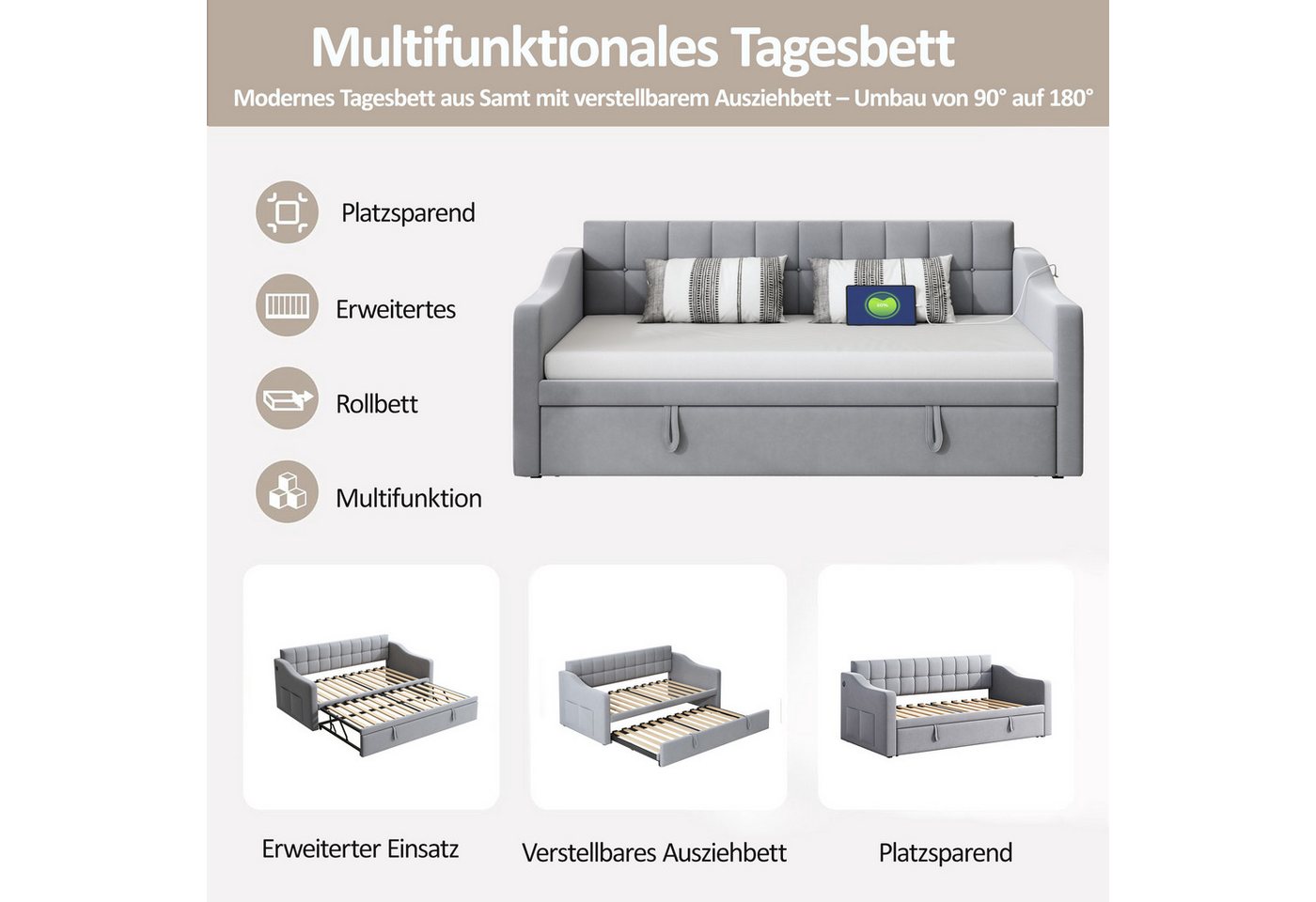 Odikalo Schlafsofa Schlafsofa mit Auszug, Gästebett Samt, Jugendbett mit Bettkasten, Polsterbett Schlafsofa 2 in 1 Multifunktionsschlafsofa 90x190 180x190, Grau – Bild 4 von 5