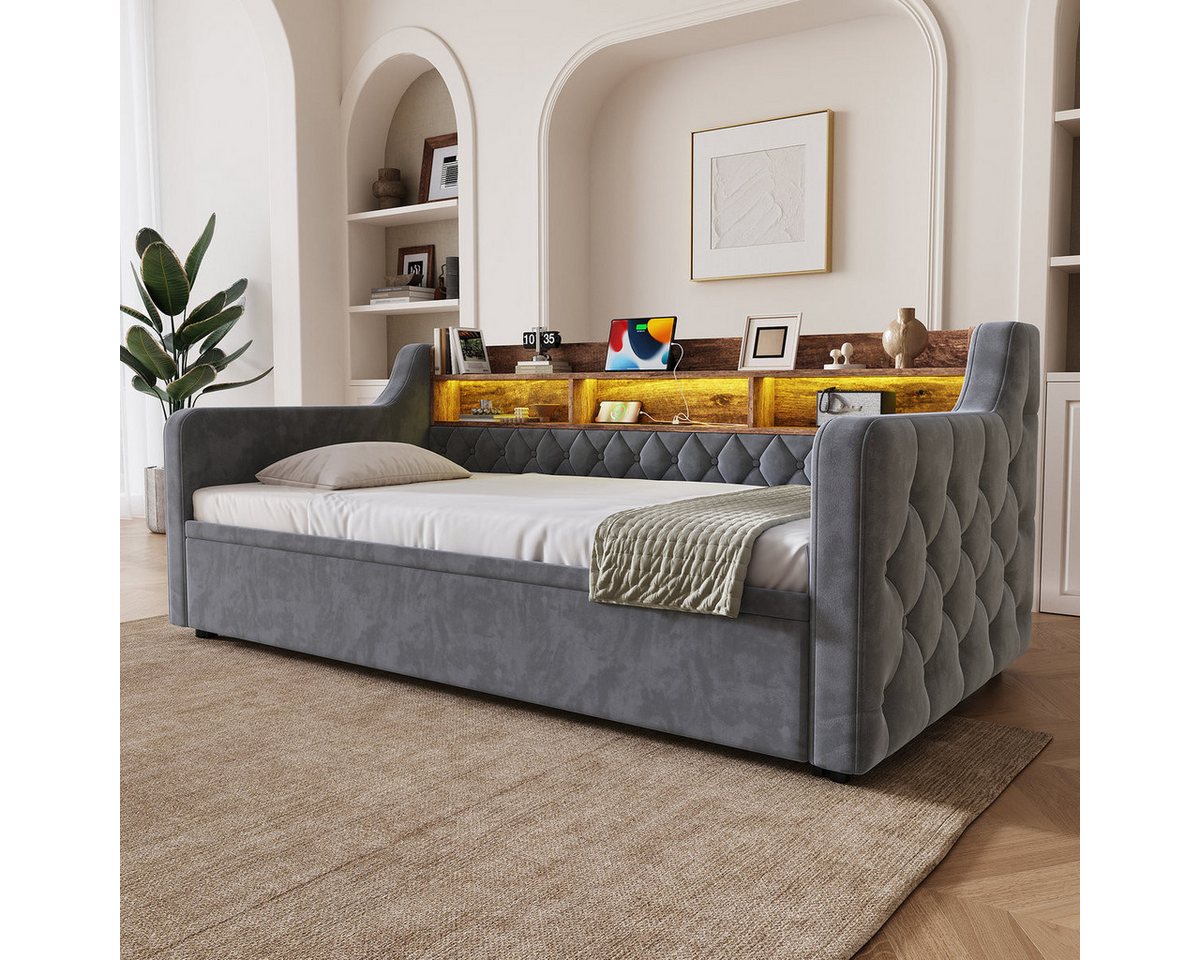 Odikalo Schlafsofa Schlafcouch 90x190 LED USB Type-C-Anschluss & Stauraum-Holzkopfteil, Ausziehbett, Samt-Sofabett mit Armlehnen, Lattenrost, Tagesbett für Gäst – Bild 2 von 5
