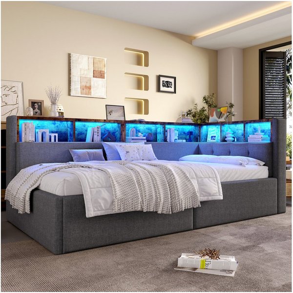 Odikalo Schlafsofa Schlafcouch mit Bettkasten und LED, Tagesbett, Daybett, 90×200 cm, USB- + Typ-C-Anschlüsse, hydraulische Aufbewahrungsfunktion, mehrere Stauf