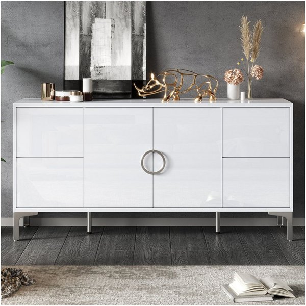 Odikalo Sideboard Kommode mit Schubladen Metallstützfüße (mit 4 Schubladen, 2 Schranktüren, Esszimmerschrank, Hochglanz Sideboard, Ein kommode mit Metallstützfü
