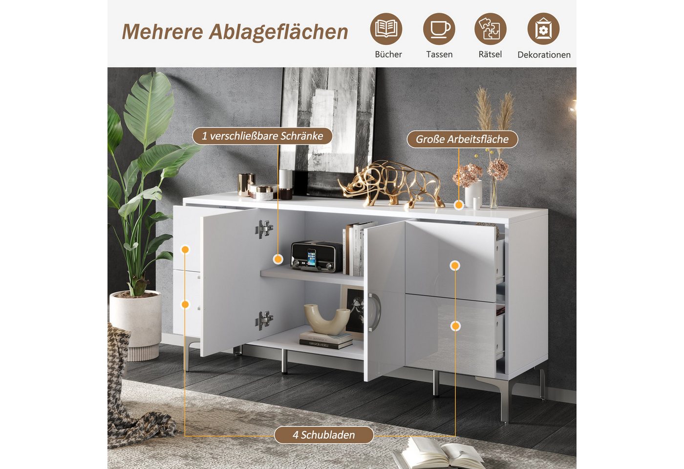Odikalo Sideboard Kommode mit Schubladen Metallstützfüße (mit 4 Schubladen, 2 Schranktüren, Esszimmerschrank, Hochglanz Sideboard, Ein kommode mit Metallstützfü – Bild 3 von 5