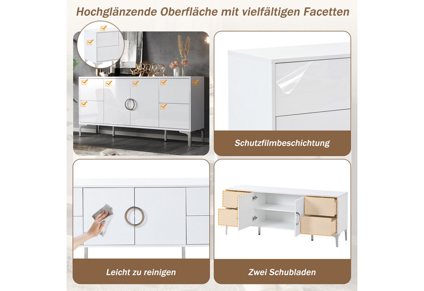 Odikalo Sideboard Kommode mit Schubladen Metallstützfüße (mit 4 Schubladen, 2 Schranktüren, Esszimmerschrank, Hochglanz Sideboard, Ein kommode mit Metallstützfü – Bild 4 von 5