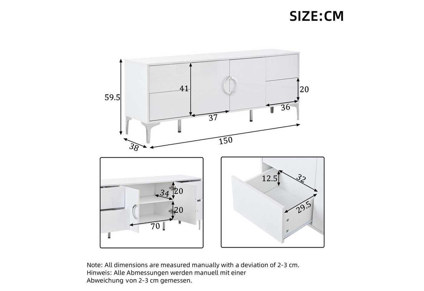 Odikalo Sideboard Kommode mit Schubladen Metallstützfüße (mit 4 Schubladen, 2 Schranktüren, Esszimmerschrank, Hochglanz Sideboard, Ein kommode mit Metallstützfü – Bild 5 von 5