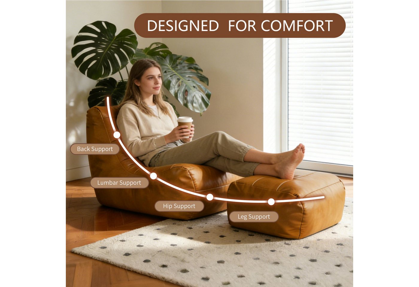 Odikalo Sitzsack Sofas wohnzimmer Loungesofa mit schlaffunktion & Fußbank (Ergonomic Single-Seater Lounge Sofa with Coordinated Ottoman for Compact Living Space – Bild 2 von 5