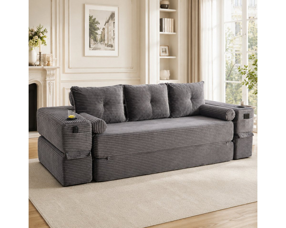 Odikalo Sofa Schlafsofa Cord-Klappsofa mit Seitentasche & Getränkehalter, mit hochdichtem Schaumstoff & Federkern für formstabilen Sitz, Armlehne mit Reißversch – Bild 2 von 5