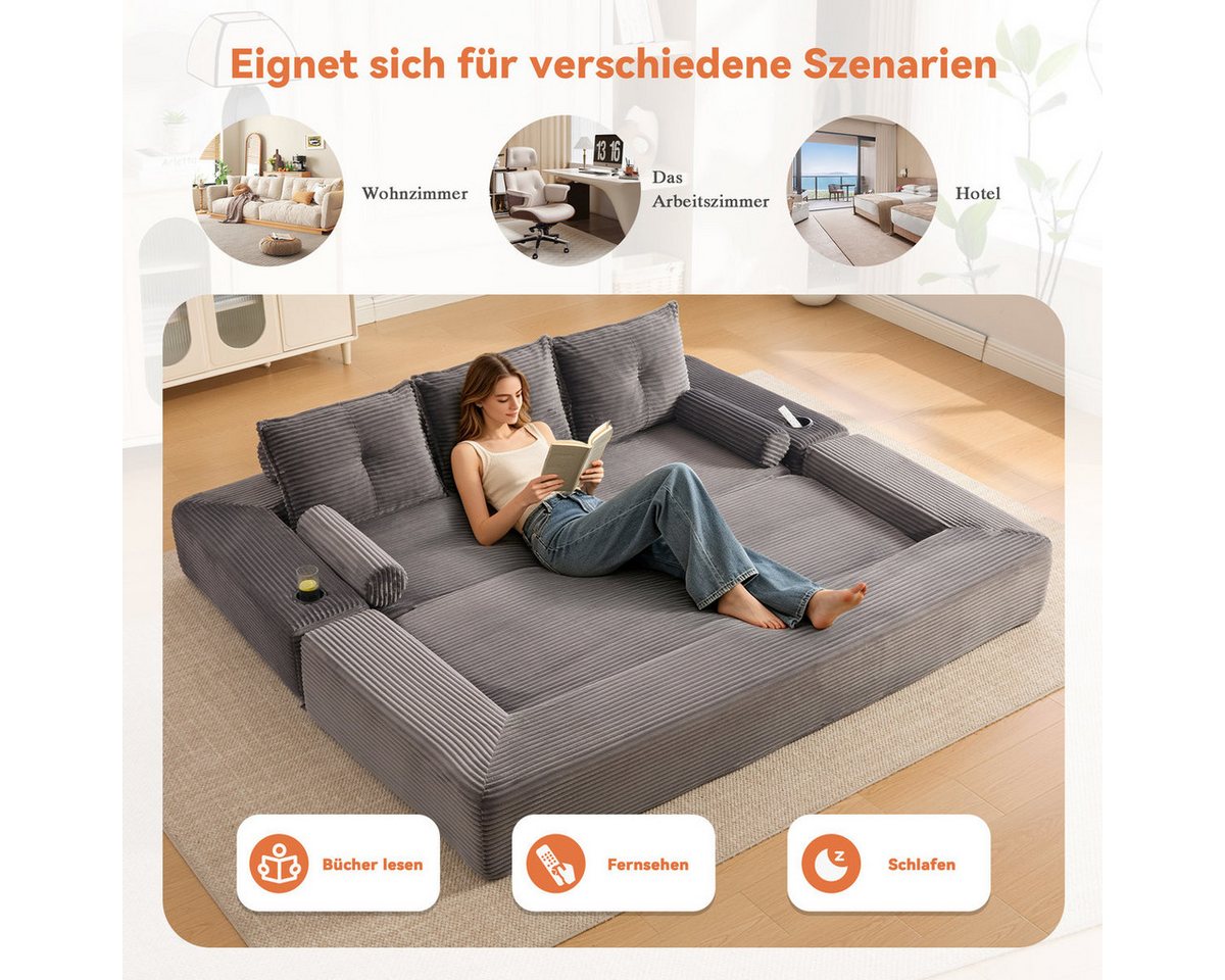 Odikalo Sofa Schlafsofa Cord-Klappsofa mit Seitentasche & Getränkehalter, mit hochdichtem Schaumstoff & Federkern für formstabilen Sitz, Armlehne mit Reißversch – Bild 3 von 5